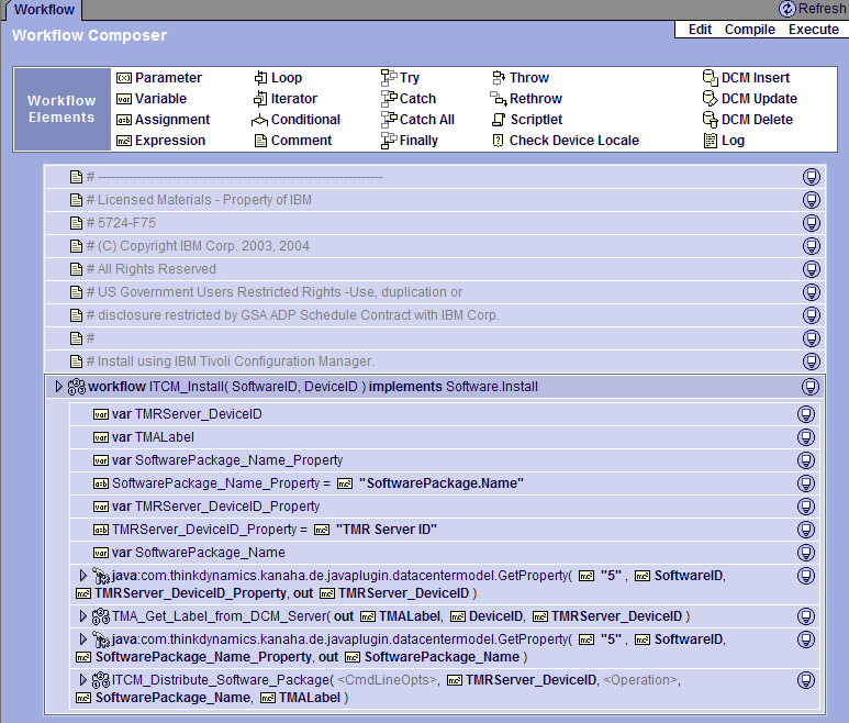 An example of a Tivoli Provisioning Manager workflow.