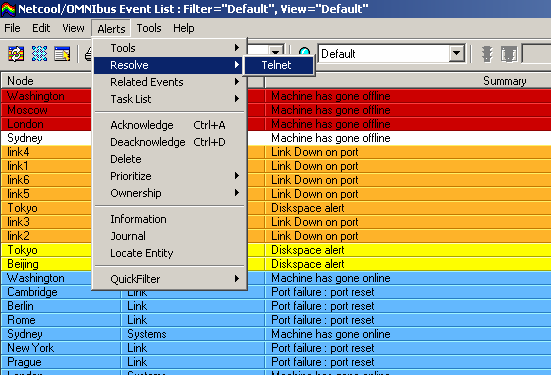 Screenshot of a view illustrating the use of a 'point and click' menu item linking to a Telnet tool