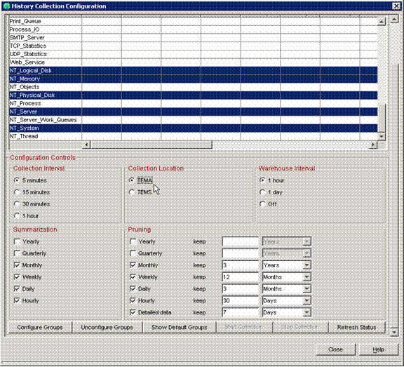 Screenshot of the TDW History Collection configuration window