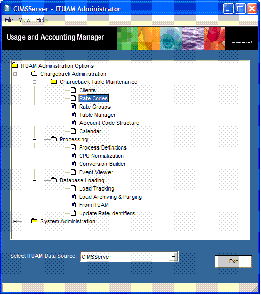 Screenshot of Menu of various chargeback functions available via the ITUAM Administrator