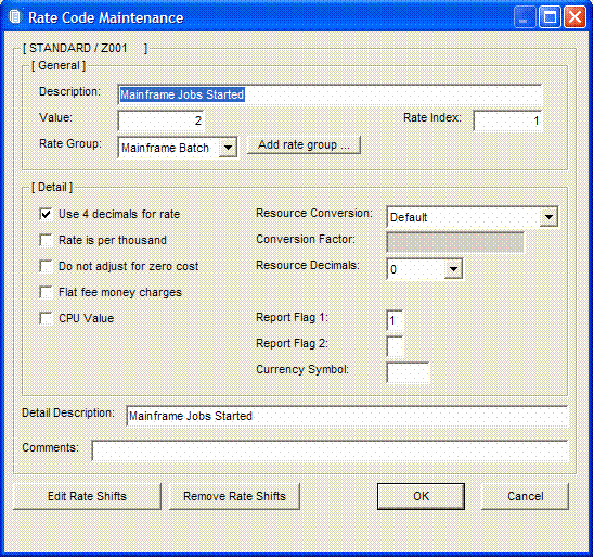 Screenshot of rate code maintenance